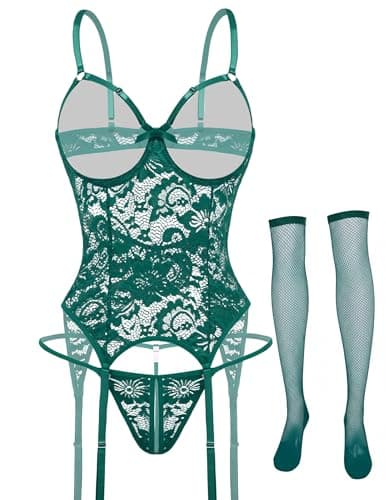 Avidlove Lingerie for Women Cutout Teddy Lace Corset and Panty Outfits Garter Lingerie Sets Blue Green L