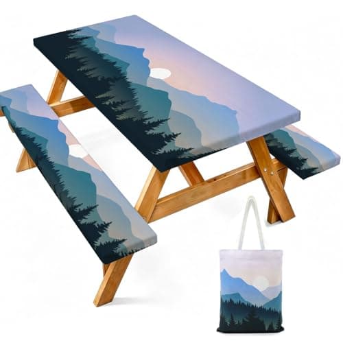 Picnic Table Cover with Bench Covers, Camping Tablecloth with Bag, Elastic Edge Fitted Tablecloths for Rectangle Tables, Camping Essentials for Indoor Outdoor Garden, 30x72 Inch
