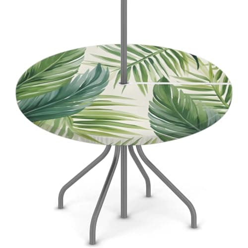 Pardick Round Outdoor Tablecloth with Umbrella Hole 45"-56" Zippered Elastic Tablecloth Green Leaves Outdoor Patio Table Cloth Waterproof Umbrella Zippered Table Cover