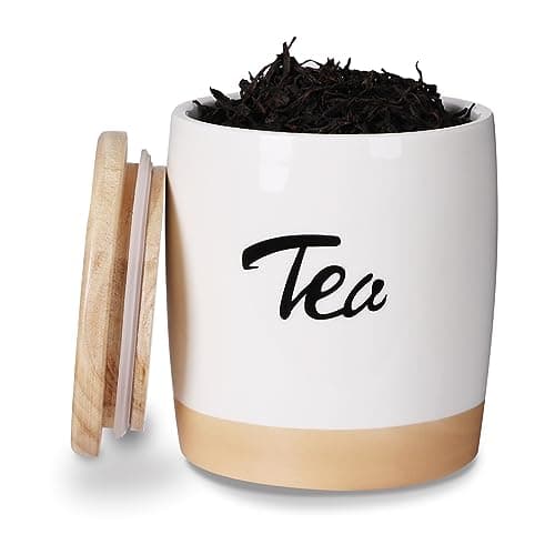 LEETOYI Ceramic Food Storage Containers with Lid,Modern Farmhouse Kitchen Decor, Countertop Food Storage Caddy Organizer, 33oz (Labeled Tea)