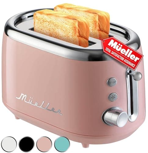 MUELLER HOME Retro Toaster 2 Slice, 7 Browning Levels, 3 Functions (Reheat, Defrost, Cancel), Stainless Steel Features, Removable Crumb Tray, Under Base Cord Storage, Pink Kitchen Accessories Décor
