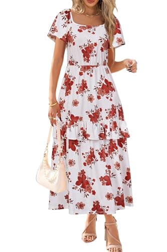 STYLEWORD Women's Summer Dresses 2026 Square Neck Short Sleeve Floral Casual Ruffled Tiered Maxi Dress(Apricot Red Floral,S)