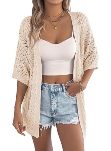 EVALESS Short Sleeve Cardigans for Women Trendy Crochet Knit Kimonos Bohemian Open Front Sweaters 2026 Spring Shawl Long Hollow Out Cardigan Summer Plus Size Clothing Beige White X-Large