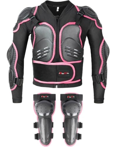 Kids Motorcycle Jacket Armor Suit-Dirt Bike Gear for Children,Back Chest Knee Protection for Cycling Skateboard Skiing (Pink, X-Large)