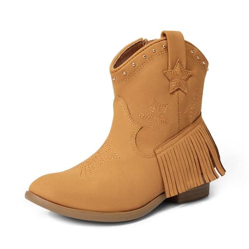 DREAM PAIRS Girls Cowgirl Cowboy Ankle Western Boots Side Zipper Riding Shoes with Tassel,Size 12 Little Kid,CAMEL-SUEDE,SDBO2302K