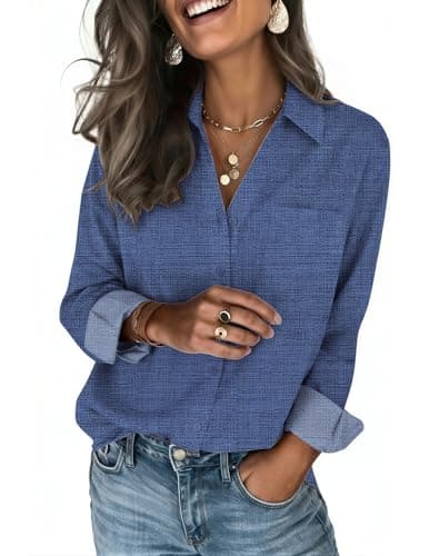 Zeagoo Womens Blouses Long Sleeve Dress Shirt Business Casual Blue Denim