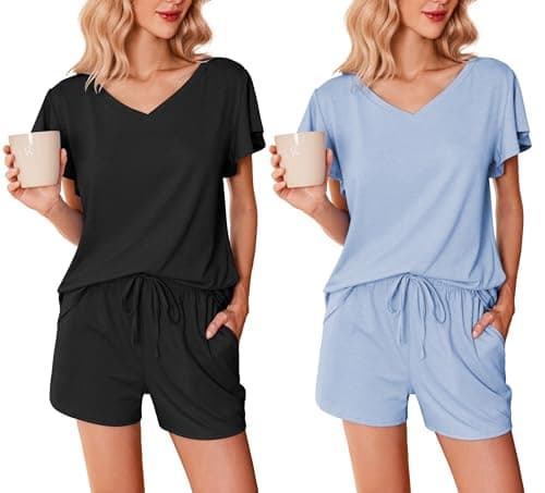 Ekouaer 2 Pack Women's Pajamas Set Soft Ruffle Sleeve Pjs Set Casual V Neck Lounge Set with Pockets,Small,Black/Clear Blue