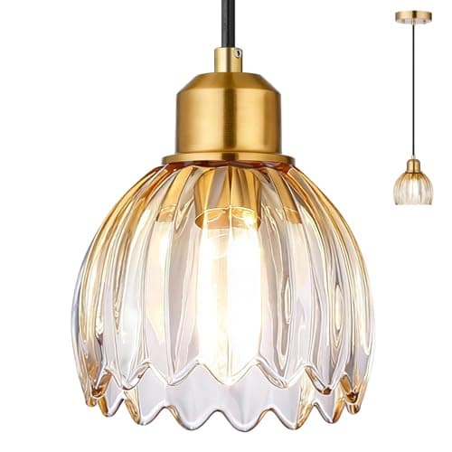 TALOYA Pendant Light with Amber Tulip Glass Lampshade, Brass Vintage Pendant Light Adjustable Hanging Light for Kitchen Island Bedroom Dining Room Hallway& Bar