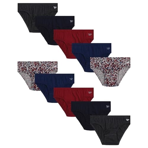 Reebok Mens Low Rise Briefs - 10 Pack Cotton Stretch Mens Underwear, Moisture Wicking Tagless Briefs for Men, Size X-Large, Maritime Blue/Charcoal Heather/Blue/Print/Tibetan Red