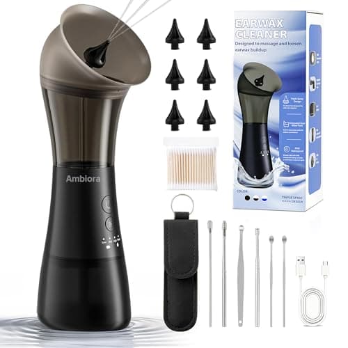 AMBIORA Ear Wax Removal with One-Piece Waste Tank, Ear Cleaner with Smart Temperature Sensor, Safe Silicone Edge, IPX7 & 6 Tips & 4 Modes, Christmas for Gifts for Dad Mom, Gifts for Men Women（Black）