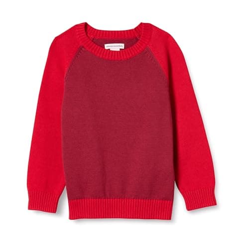 Amazon Essentials Boys' Cotton Knit Pullover Crewneck Sweater, Red Color Block, Medium