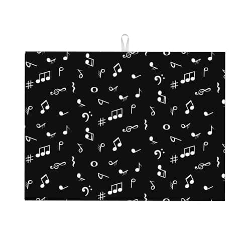 Musicial Kitchen Drying Mat Music Notes Microfiber Dish Drainer Mat for Kitchen Counter Absorbent Reusable Washable 18x24 Inch Black