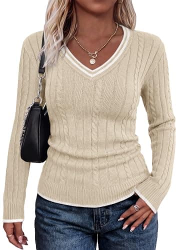 WIHOLL Sweaters for Women Early Fall Fashion Must Haves 2026 Cozy Warm Winter Clothing Long Sleeve Tops V Neck Cable Knit Color Block Slim Fit Apricot M