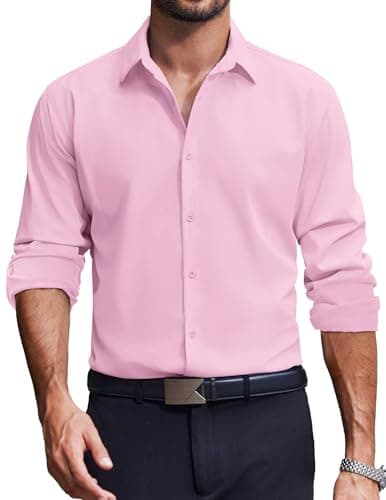 COOFANDY Slim Fit Dress Shirts for Men Stretch Wrinkle-Free Button Down Shirt Long Sleeve Pink