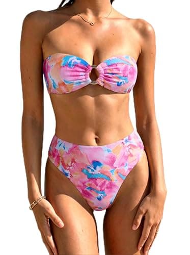 SUUKSESS Women Bandeau Strapless O Ring Bikini Sets Tie Back High Waisted 2 Piece Swimsuit Cheeky Removable Halter High Cut Bathing Suits（03-Pink Floral,L