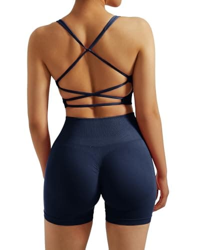 RXRXCOCO Seamless Workout Sets for Women 2 Piece Strappy Sports Bras Scrunch Butt Booty Shorts Matching Yoga Outfits Navy Medium