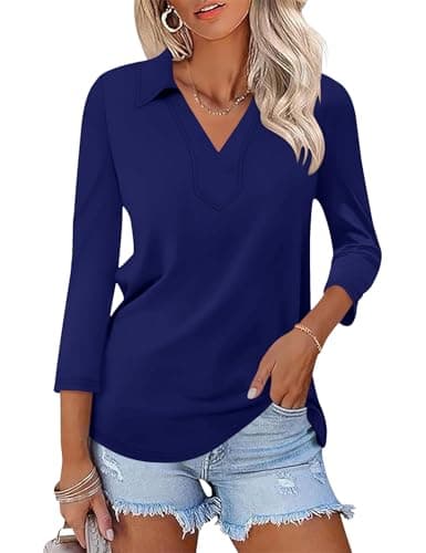 LOMON Polo Shirt for Women 2026 Spring Summer Collared Polos T Shirts 3/4 Sleeve V Neck Cute Tops Clothes Navy Blue M