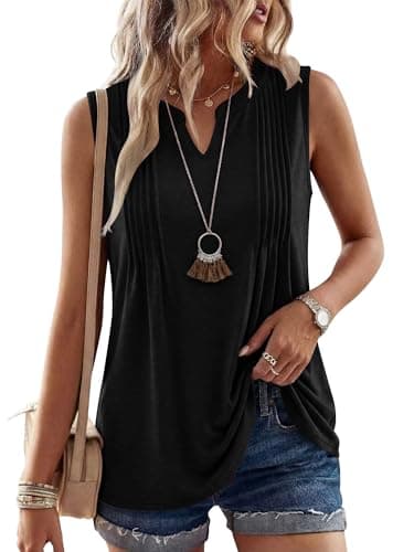 KISSMODA Womens Summer Tops Black V Neck T Shirts Casual Vacation Outfits Plus Size Solid Tank Blouses Sleeveless Clothes 2025 Black S