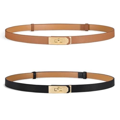 Fianmy Women Skinny Leather Belt - Adjustable Dress Belt with Gold Buckle