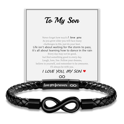 Sistble Fathers Day Son Gifts, Fathers Day for Son from Mom Dad Mens Leather Bracelet Stocking Stuffers Love You Gift for Him Forever Engraved Knot Bracelet Birthday Gift Ideas Jewelry