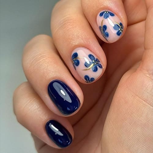 Short Press on Nails Square Fake Nails with Blue Flower Designs Artificial Nail Gel Acrylic Dark Blue False Nail Spring Extra Short Stick on Nails for Women 24Pcs
