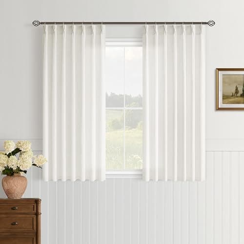 Cream Linen 45 Inch Length Kitchen Curtains Pinch Pleated 2 Panels Set Privacy Light Filtering Semi Sheer Boho Small Curtains for Cafe Bathroom Window Neutral Pinch Pleat Short Drapes for Front Door