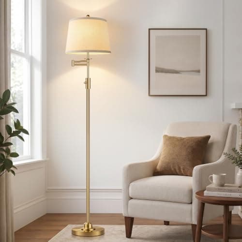 Dimmable Floor Lamp with 350° Swing Arm, 9w Bulb Included, Gold Brass