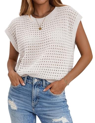 Zeagoo Womens Spring Summer Crochet Tops Cap Sleeve Sweater Vest Hollow Out Pullover Shirts Beach Vacation Clothes A-White