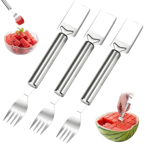 3Pcs 2-in-1 Stainless Steel Fruit Cutter,Watermelon Slicer with Fork,Dual Head Watermelon Fork Slicer Tool for Cubes,Portable for Camping,Picnics,Home,Party