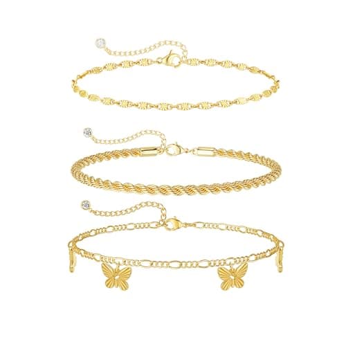 Cuzmly Anklets for Women,Waterproof Layered 14K Gold Plated Ankle Bracelet for Women Cuban Herringbone Chain Anklet Bracelet Set Beach Jewelry