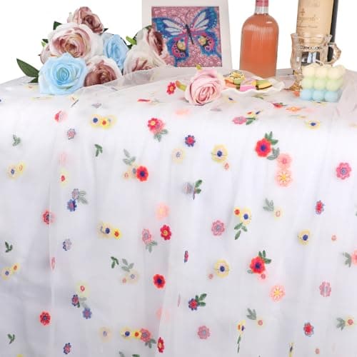 Flower Table Runner,Floral Embroidered Table Runner 30 x 118 Inch,Ivory Daisy Sheer Gauze Tablecloth for Wedding Reception,Bridal Shower,Baby Shower,Birthday Party,Tea Party Boho Table Decor