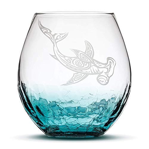 Integrity Bottles Tribal Hammerhead Shark, Stemless Wine Glass, Handmade, Handblown, Hand Etched Gifts, Sand Carved, 18oz (Crackle Teal)