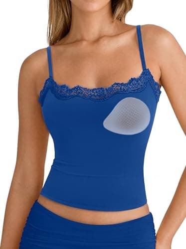 SUUKSESS Women Double Lined Lace Cami Tank Top Summer Padded Square Neck Going Out Tops Sleeveless Basic Shirts (Sapphire, Small)