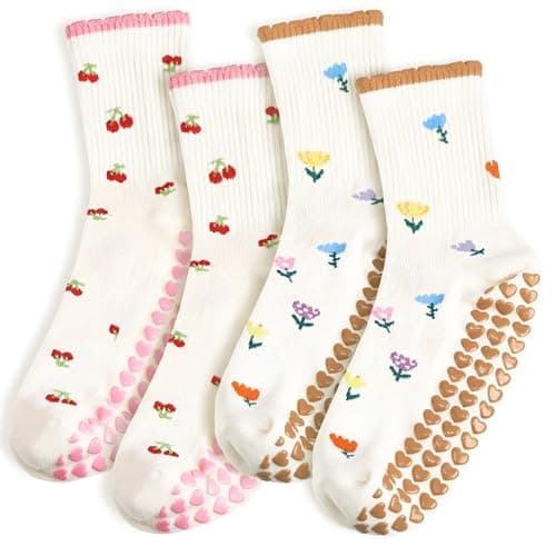 Cuffbow 2 Pairs Women Pilates Grippy Socks Cute Yoga Socks Ruffle Grip Sock for Pilates Fitness Barre Hospital Workout(Flower Cherry,Brown Pink)