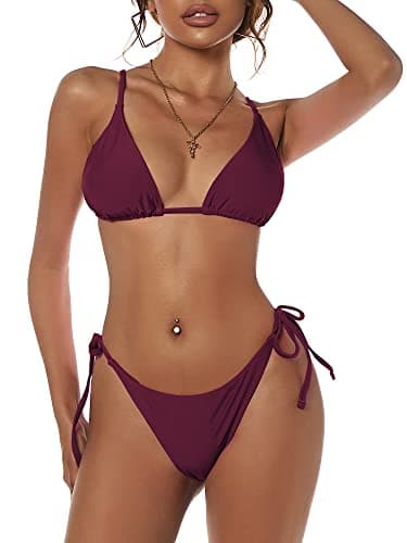 ZAFUL Women's Triangle Bikini Floral String Bikini Set Two Piece Swimsuit Bathing Suits (1-Plum Pie, XL)