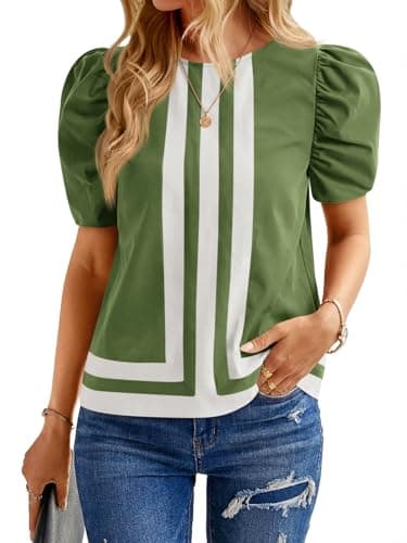 Cicy Bell Womens Summer Puff Sleeve Blouses Striped Color Block Tops
