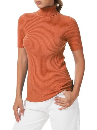Orange Women's Short Sleeve Sweater Turtleneck Top Ribbed Knit Shirts