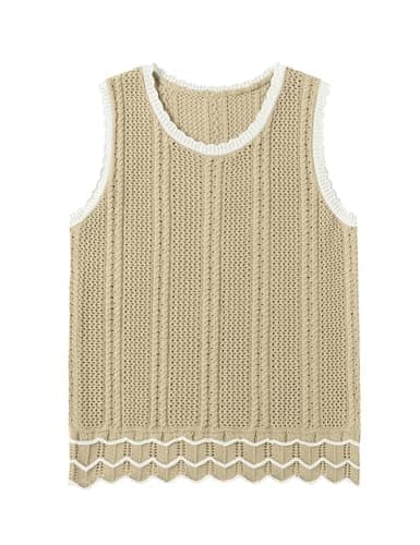 LOMON Crochet Tops for Women Sleeveless Tank Sweater Vest Cover up Shirt Beach Vacation Clothes Dressy Casual(Apricot Block,Large)
