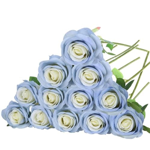 Felice Arts 12 Pack Ice Blue Flowers Artificial Roses with Stems