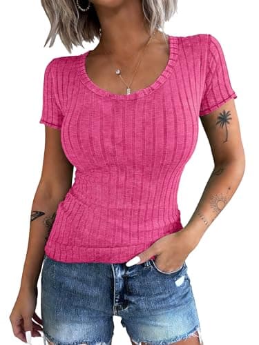 KINLONSAIR Womens Basic Tops Lightweight Ribbed Knit Short Sleeve T-Shirt Scoop Neck Slim Fit Tee Casual Summer Clothes 2026 Rose Red