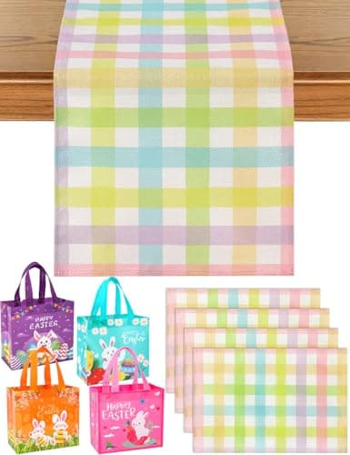 multiwins Easter Table Runner (13"x72") with 4 Placemats (12"x18") & 4 Gift Bags, Thick Fabric Pastel Buffalo Plaid Easter Decorations for Farmhouse Kitchen Dining Room Spring Party