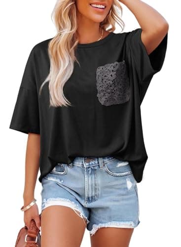 Dokotoo Womens Summer Tops Oversized Lace Cute Lace Short Sleeves Casual T-Shirts Maternity 2026 Workout Blouses Going Out Loose Fit Solid Color Plus Size Blouses Basic Tee Tops,Black X-Large