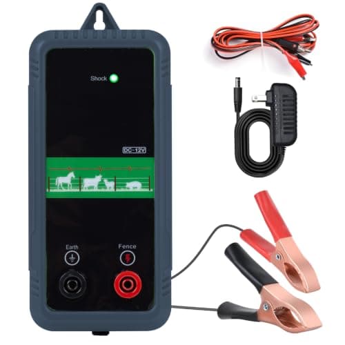 5Miles/ 8KM Electric Fence Charger, 1J Energy Output 10KV Voltage, AC DC Electric Fence Charger for Preventing Wild Animals Intruding Great for Gardens, Poultry, ‌Front Yard
