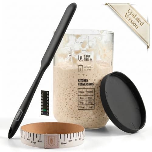 KooK Sourdough Starter Kit, with Glass Levain Jar, Date Marked Feeding Band, Thermometer, Silicone Spatula Scraper, Cover and Guide, 30 oz