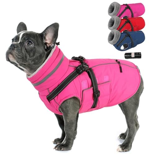 PETDSH Dog Coat Small, Built-in Harness Dog Jacket with Warm Fleece Lining, Waterproof Reflective Dogs Winter Coat, Pet Coats with Pocket and Trash Bags (Pink, Small)