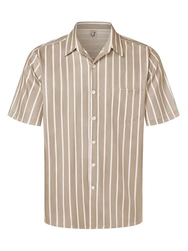 Hardaddy Men's Striped Shirts Casual Short Sleeve Button Down Summer Hawaiian Shirts Light Coffee L