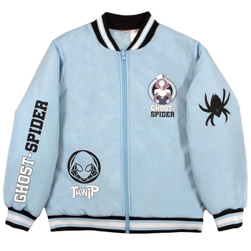 Marvel Ghost-Spider Gwen Boy's Casual Varsity Bomber Coat- Lightweight Zip-Up Graphic Print Jacket for Kids (Sky Blue, Size 10/12)