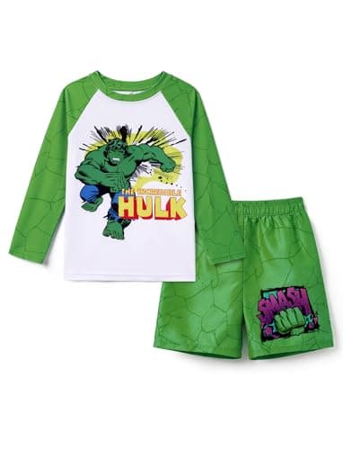 Disney Marvel Avengers Superhero Hulk Boys Swim Set Boy Two Piece Swimsuit Elastic Green Bathing Suit Long Kids Swimwear Set Summer Rash Guard Shirt & Swim Trunk Little Boy Clothes UPF 50+ 4-5 Years