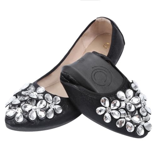 KUNWFNIX Women Ballet Flats Rhinestone Wedding Ballerina Shoes Foldable Sparkly Comfort Slip on Flat Shoes