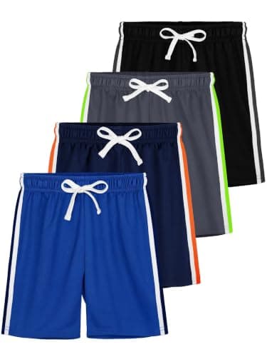 YERIOK 4 Pack Boys Shorts Toddler Boys Athletic Basketball Shorts Clothes Kids Mesh Active Quick Dry Soccer Gym Sports with Stripe Black, Medium Gray, Mixed Color A 12-14Y